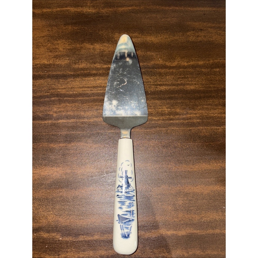 Delft Blue Holland Pie Cake Dessert Server Porcelain & Stainless Rare